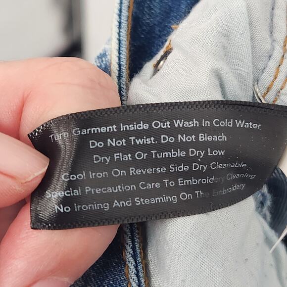 Boston Proper Blue Denim Black Lace Applique High Rise Skinny Jeans Women's 14 - Picture 4 of 9